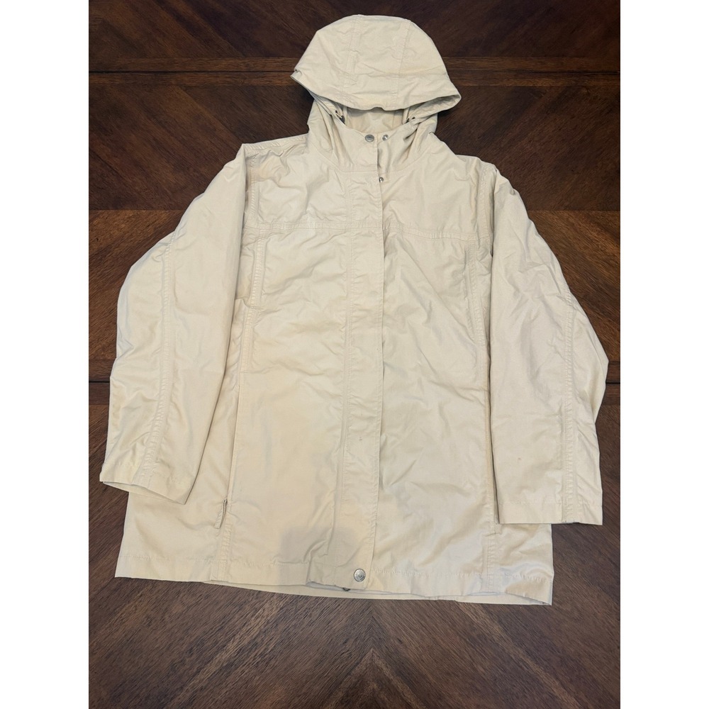 Eddie Bauer Tan Hooded Rain Jacket Womens Medium Nylon Shell Zip Up Parka Coat